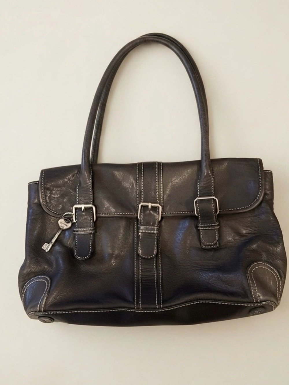 VTG Fossil Black Leather Shoulder Bag Multi Buckle Y2K w/ Intact 1954 Key Charm